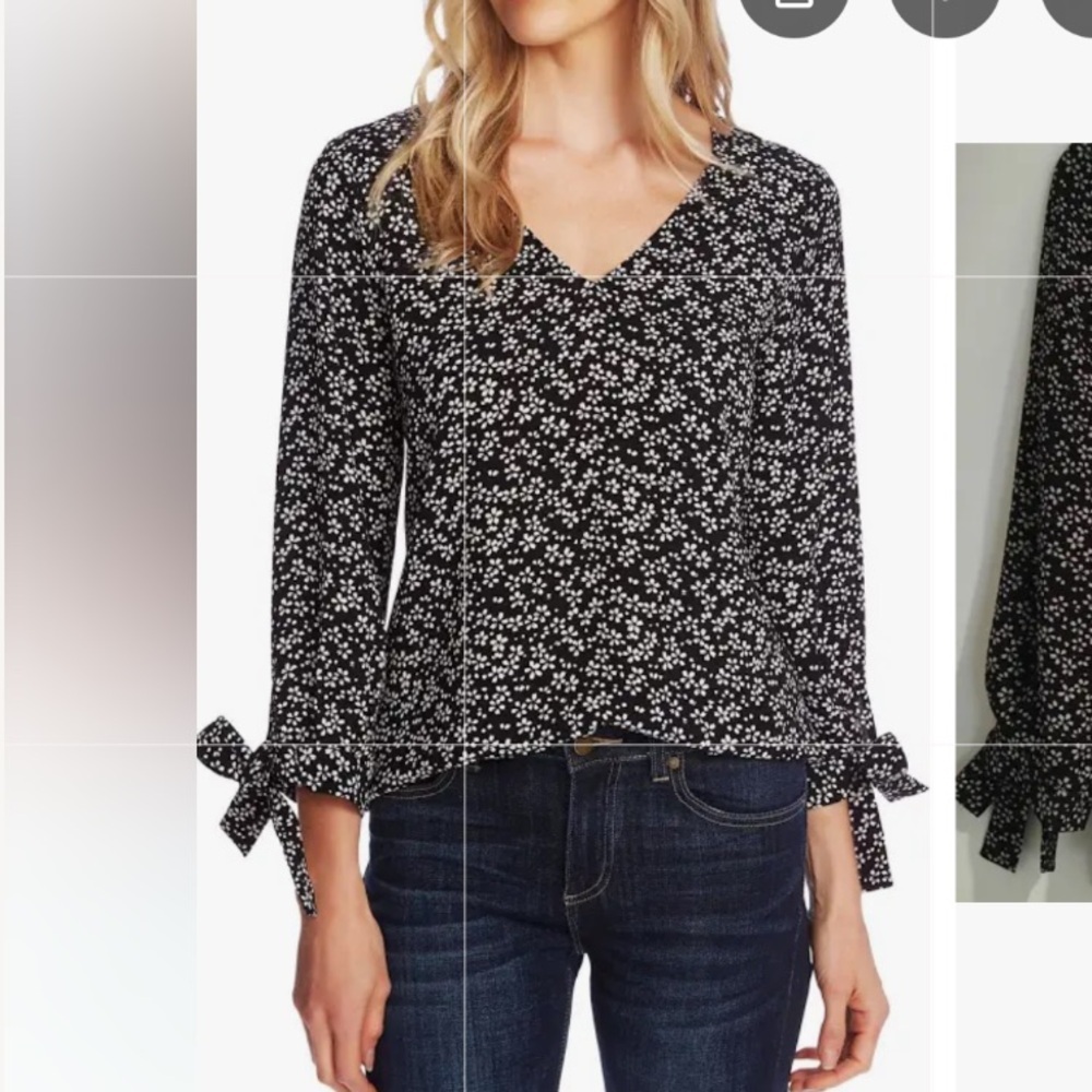 Dark feminine top tie sleeve floral blouse small black white v neck coquette